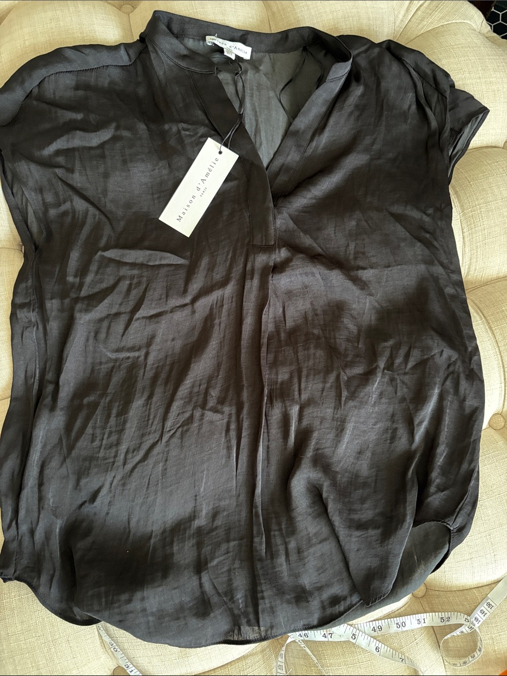 Maison d’Authier Black Silk-Blend Cap-Sleeve Blouse